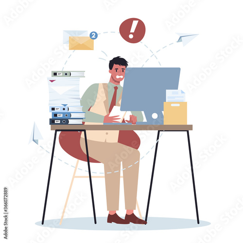 Office character with a lot of work set. Deadline and busy lifestyle