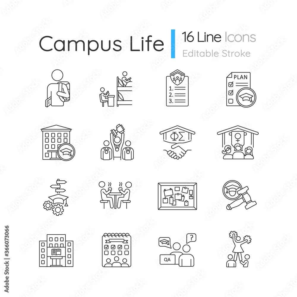 Campus life pixel perfect linear icons set. University and college. Student activities. Cheerleading and sports team. Customizable thin line contour symbols. Isolated vector outline illustrations