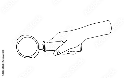 Portafilter vector illustration. One line coffee device. Hand holding portafilter single line drawing. portafilter for making coffe vector line illustration photo