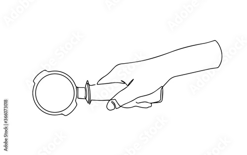 Portafilter vector illustration. One line coffee device. Hand holding portafilter single line drawing. portafilter for making coffe vector line illustration