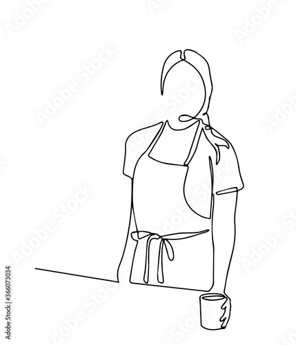 One continuous single line drawn by the waiter with an order tray. Character employee of a cafe, a restaurant at work. Woman with apron surfing coffee. Vector one line