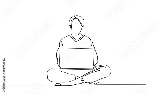 Continuous one line drawing of a woman. Business concept. Beautiful woman sits on the floor and holding laptop isolated on a white background. Vector illustration. Social worker