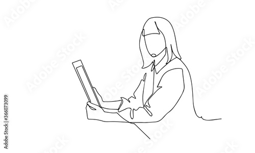 Continuous line drawing of professional young business woman using mobile digital tablet computer work and writing work plan on personal notebook isolated on white background. Social worker