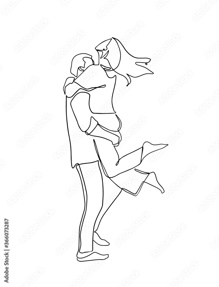 Continuous line drawing of couple standing hugging. One line art. Continuous line drawing. Template for your design works. Vector illustration. continuous line drawing of couple standing. Vector