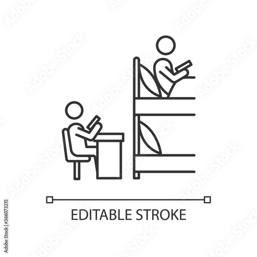 Roommates pixel perfect linear icon. Flatmates studying in dormitory room. Students sharing room. Thin line customizable illustration. Contour symbol. Vector isolated outline drawing. Editable stroke