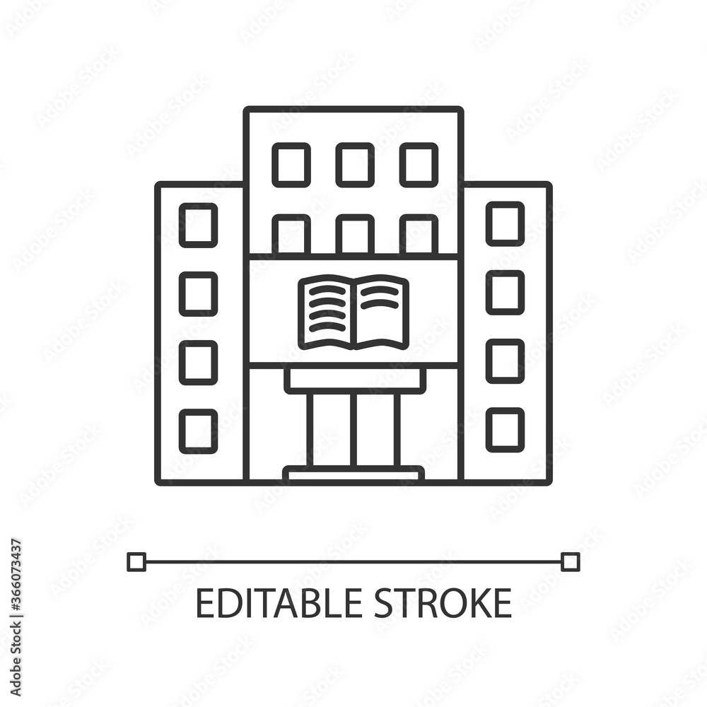 Library pixel perfect linear icon. University, college library. Bookstore. Educational building. Thin line customizable illustration. Contour symbol. Vector isolated outline drawing. Editable stroke Library pixel perfect linear icon. University, college library. Bookstore. Educational building. Thin line customizable illustration. Contour symbol. Vector isolated outline drawing. Editable stroke
