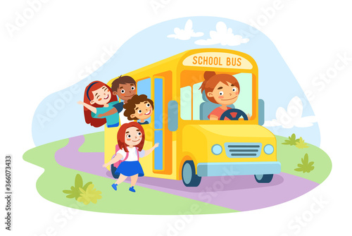 Schoolkids Characters Enter Yellow School Bus with Driver Girl inside. Kids with Backpack Waving Hands, Back to School