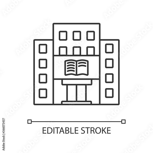 Library pixel perfect linear icon. University, college library. Bookstore. Educational building. Thin line customizable illustration. Contour symbol. Vector isolated outline drawing. Editable stroke