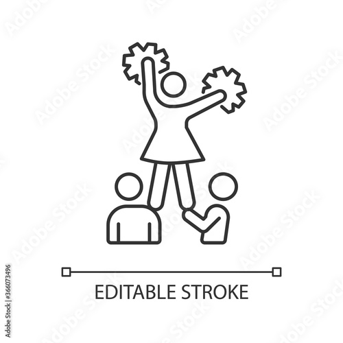 Cheerleading pixel perfect linear icon. Cheerleaders doing stunts. University life and activities. Thin line customizable illustration. Contour symbol. Vector isolated outline drawing. Editable stroke