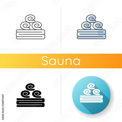 Bath towels icon. Linear black and RGB color styles. Personal hygiene, bathhouse relaxation. Spa salon, bathroom and sauna accessory. Stacked clean towels isolated vector illustrations