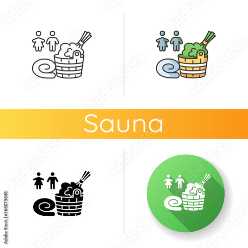 Mixed sex sauna icon. Linear black and RGB color styles. Bathhouse for men and women. Steam bath with no gender restriction. People, water bucket and broom isolated vector illustrations