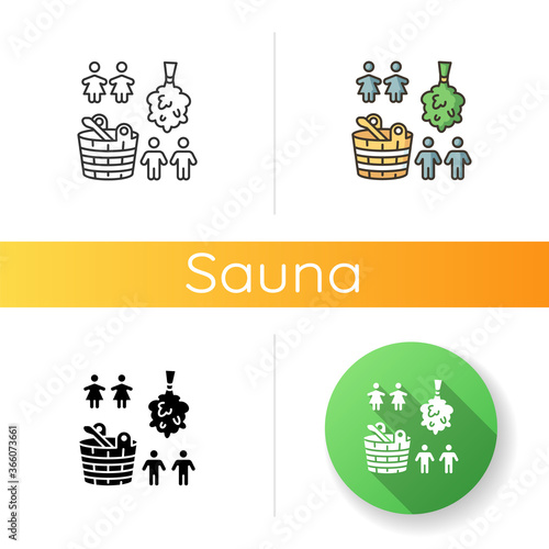 Single sex sauna icon. Linear black and RGB color styles. Public bathhouse with gender restriction. Finnish, russian banya recreation. People, bucket and broom isolated vector illustrations