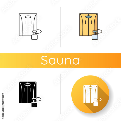Portable home sauna icon. Linear black and RGB color styles. Mobile bathhouse, wellness. Health care procedure, heat therapy. Small bath with infrared heaters isolated vector illustrations