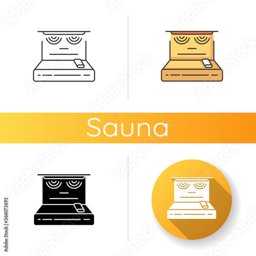 Infrared sauna icon. Linear black and RGB color styles. Modern bathhouse with electric heaters. Spa salon relaxation. Contemporary vaporarium with infrared lamps isolated vector illustrations