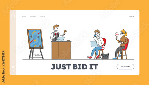 Auction Bidding Landing Page Template. Characters Rising Bid Boards for Buying Asset. Collectors during Auctioning