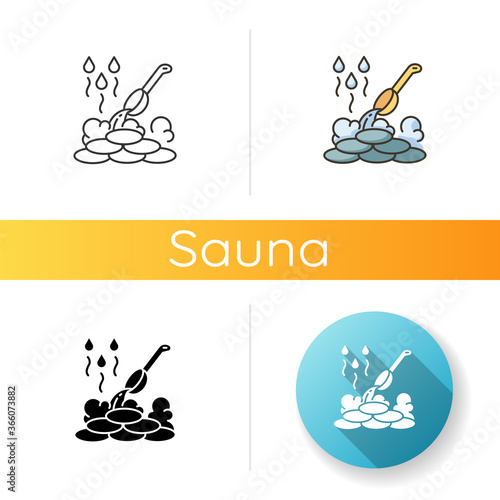 Wet sauna icon. Linear black and RGB color styles. Traditional finnish bathhouse, russian banya. Steam bath rest, heat therapy. Pouring water on heated stones isolated vector illustrations