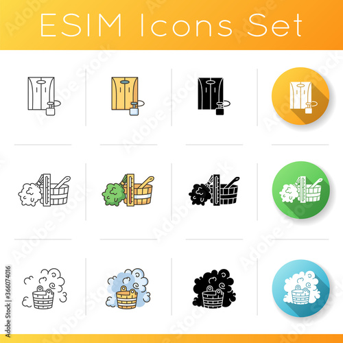 Bathhouse icons set. Linear, black and RGB color styles. Outdoor steam bath, portable sauna and bathhouse accessories. Healthy recreation, relaxing pastime. Heat therapy. Isolated vector illustrations