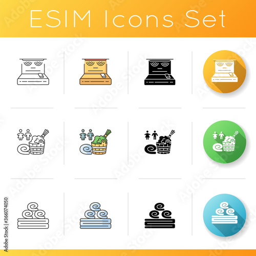 Steam treatment icons set. Linear, black and RGB color styles. Finnish and russian sauna culture, healthy lifestyle. Infrared sauna, mixed sex bathhouse and towels. Isolated vector illustrations