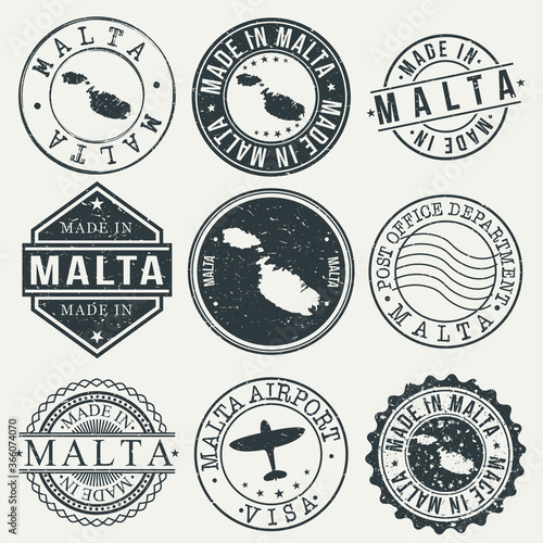 Malta Set of Stamps. Travel Stamp. Made In Product. Design Seals Old Style Insignia.