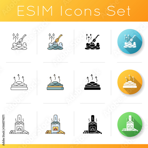 Sauna types icons set. Linear, black and RGB color styles. Different bathhouses. Wood burning, dry heat and wet sauna. Finnish baths and russian banya. Isolated vector illustrations