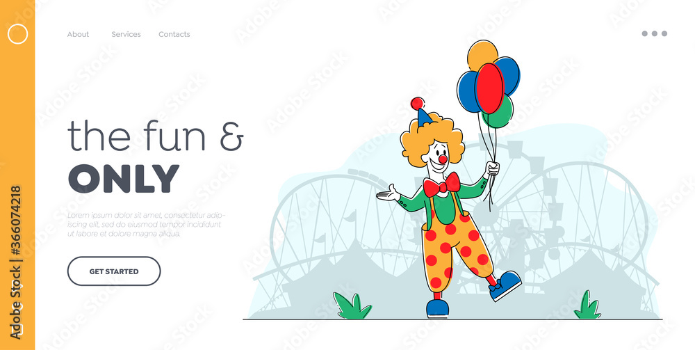 Clown in Amusement ParkLanding Page Template. Big Top Joker Character with Balloons. Jester Performer Circus Entertainer Clown in Amusement ParkLanding Page Template. Big Top Joker Character with Balloons. Jester Performer Circus Entertainer