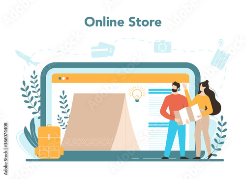 Travel agency online service or platform. Office worker selling tour,