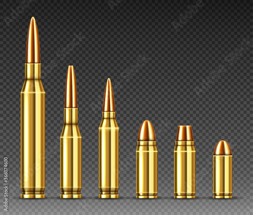 Bullets of different calibers stand in row from big to small. Copper or gold colored shots, military handgun ammo weapon metal gunshots isolated on transparent background, realistic 3d vector set