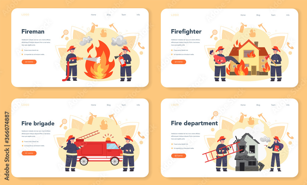 Fireman web banner or landing page set. Professional fire brigade