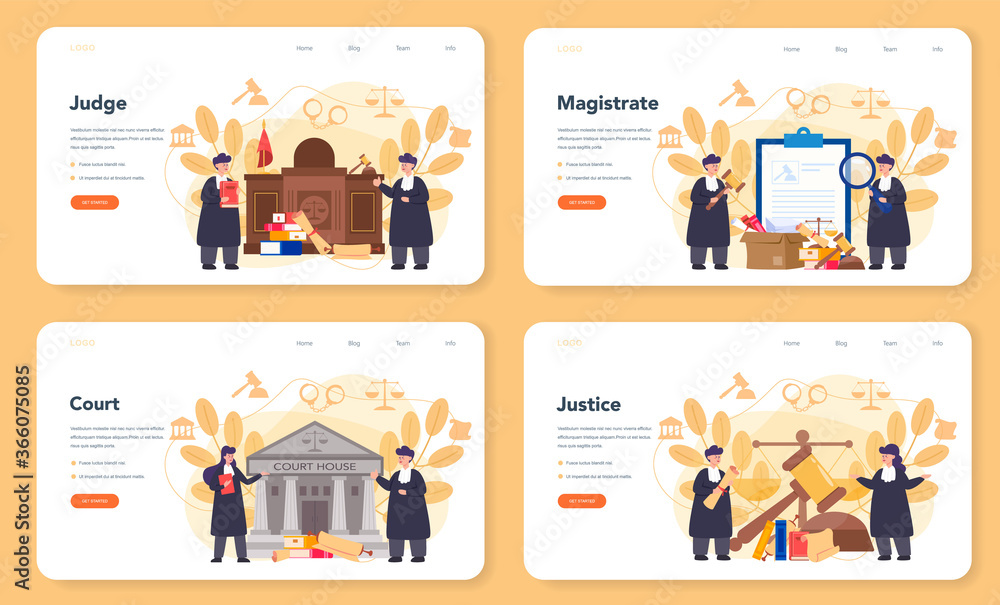 Judge web banner or landing page set. Court worker stand for justice Judge web banner or landing page set. Court worker stand for justice