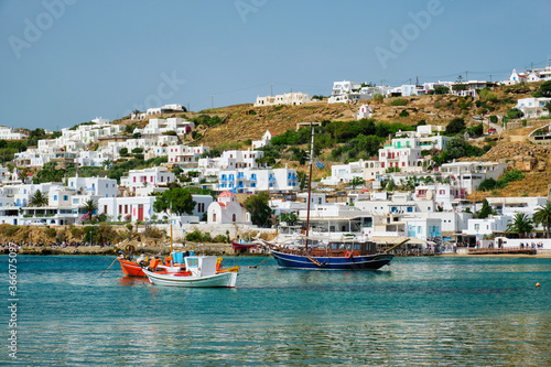 Mykonos port with fishing boats and yachts and vessels. Mykonos island, Greece