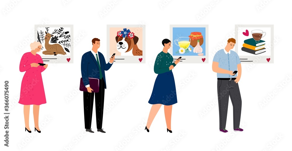 Obraz premium People and social media. Adult chatting, posting photos in internet. Online communication vector illustration