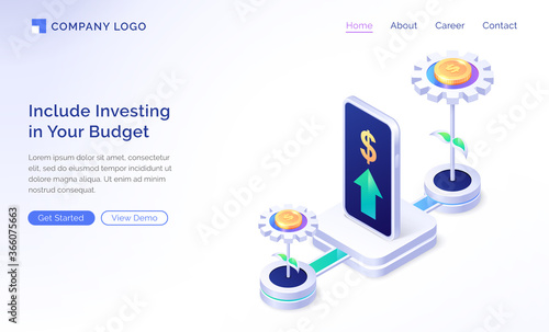 Financial budget planning isometric landing page. Mobile phone investment application with growing money trees and arrow rising up. Invest strategy plan, finance analytic, app, 3d vector web banner