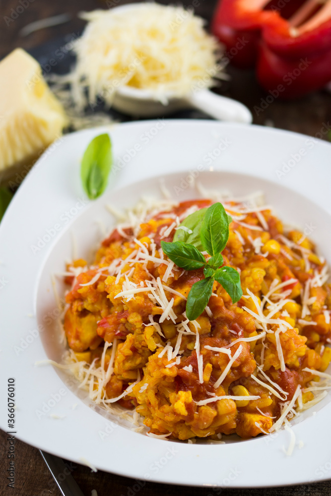 Rice and chicken breast cooked in tomato sauce. Rice and chicken breast cooked in tomato sauce.