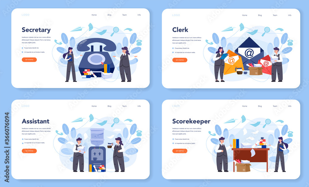 Secretary web banner or landing page set. Receptionist answering
