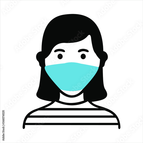 Medical Hygienic Face mask on woman for highly Air pollution, Dust hazard protection equipment vector icon isolate on white background.