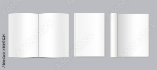Vector mock up of white blank books. Cover isolated on grey background. Realistic closed and open book, magazine or notebook template for your design. In front side of book.	