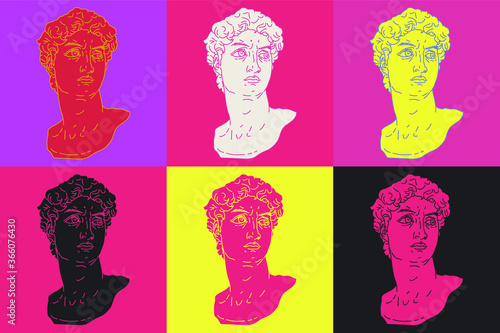 Pop art style collage with colorful gypsum heads.