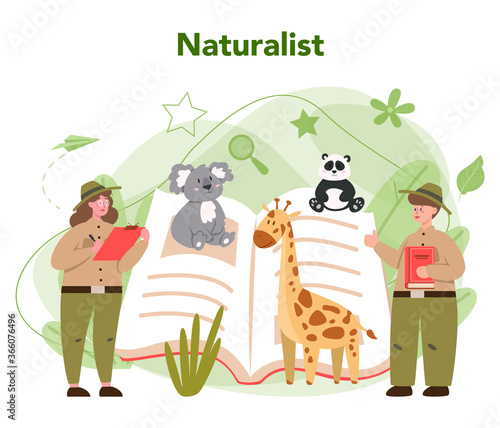 Zoologist concept. Scientist exploring and studying fauna. Wild animal