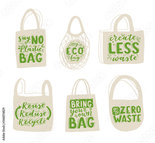 Tote bag with hand drawn lettering. Plastic Free Future and set of produce bags for shopping, storage. Flat style vector illustration for eco store, organic food shop, local market banner, vegan site
