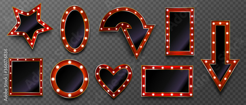 Frames with light bulbs for retro sign on circus marquee or casino isolated on transparent background. Vector realistic mockup of arrow, star and heart shape makeup mirror with red and gold borders