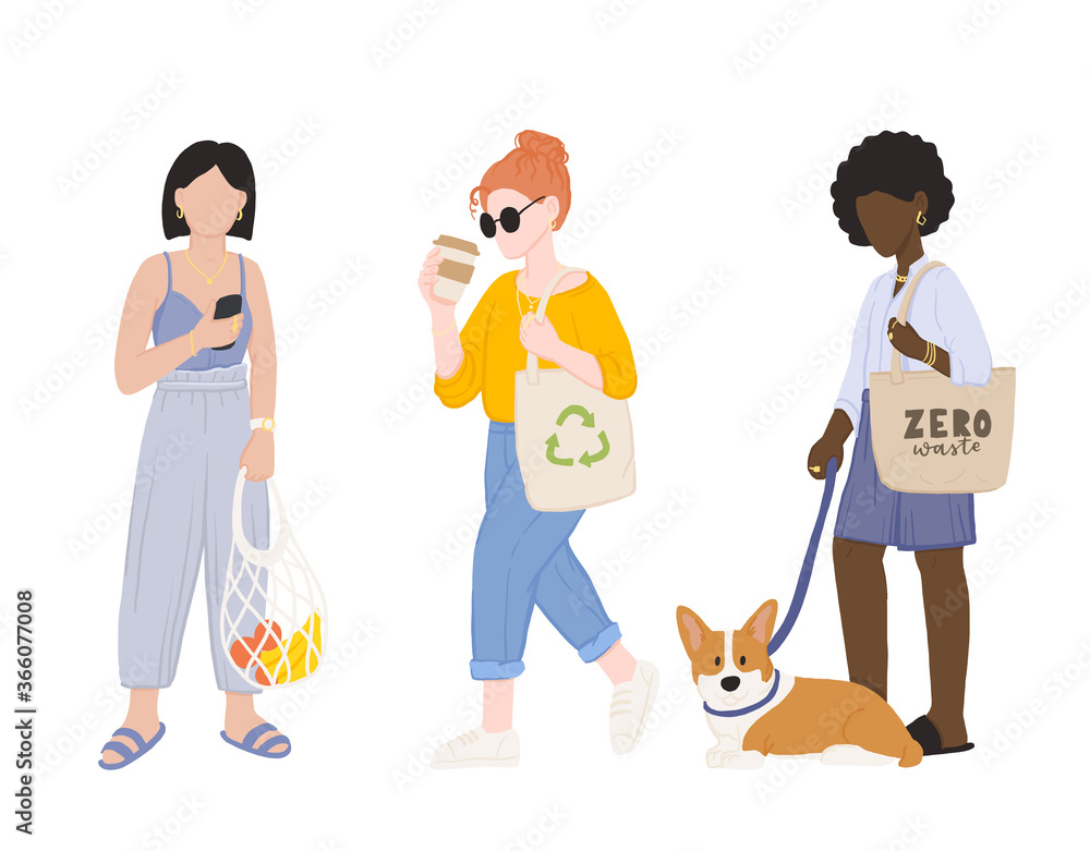 Zero waste life style. Cartoon women with natural eco products in linen bag and a string bag, shopping with zero pollution, concept healthy lifestyle isolated on white background