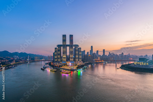 High-view night scenery of Chaotianmen Pier, Chongqing, China © Govan