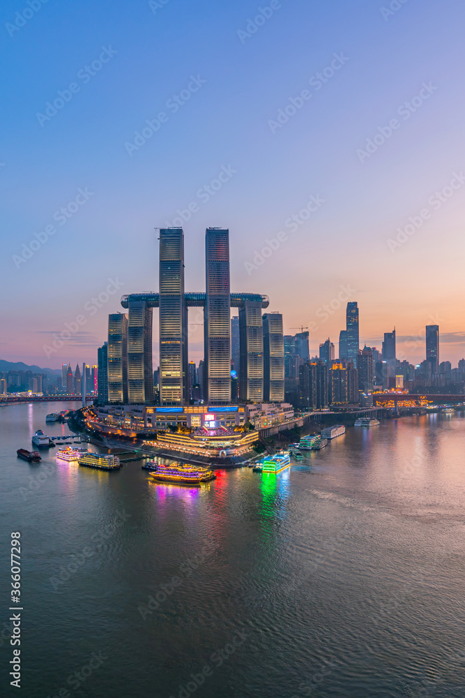 High-view night scenery of Chaotianmen Pier, Chongqing, China