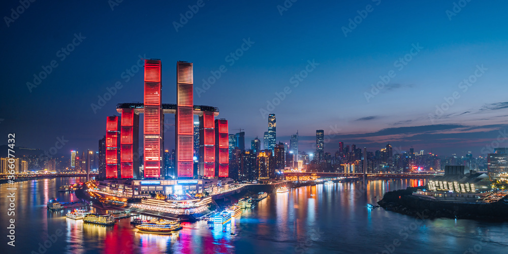 Fototapeta premium High-view night scenery of Chaotianmen Pier, Chongqing, China