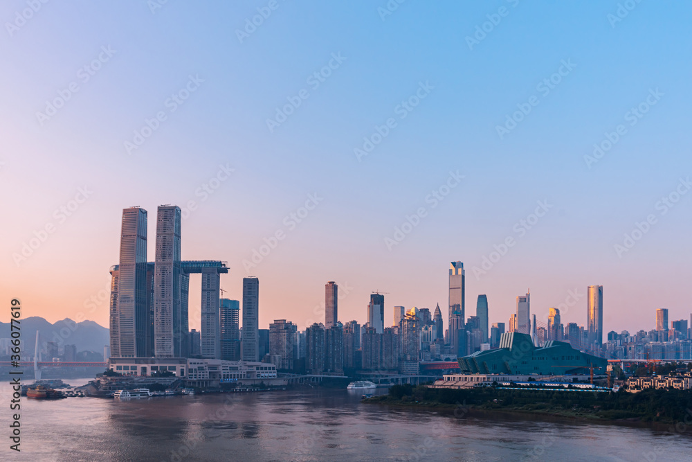 High angle close-up of Chongqing Grand Theater and tall buildings in China