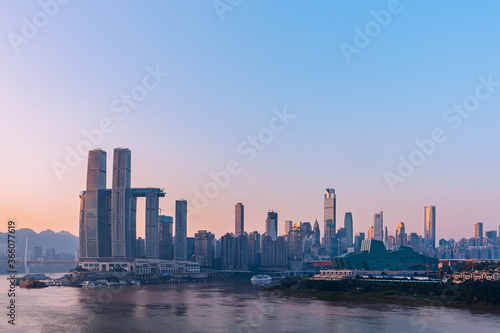 High angle close-up of Chongqing Grand Theater and tall buildings in China © Govan