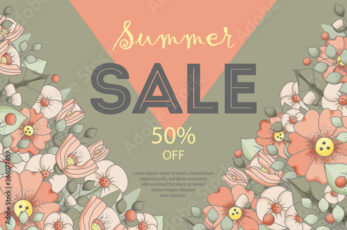 Summer sale flyer template with flowers and leaves, with frame. Bright colorful geometric background. Vector illustration. Design for posters, brochures, vouchers, invitation and greeting cards.