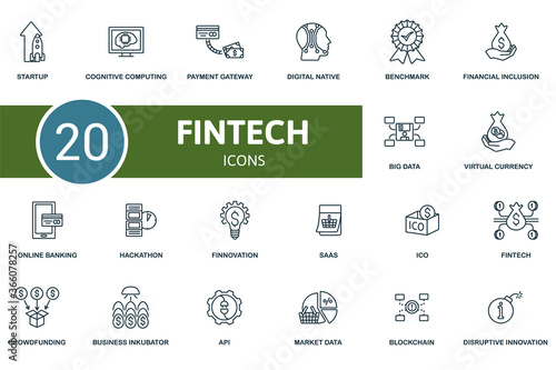 Fintech icon set. Collection contain virtual currency, hackathon, crowdfunding, cognitive computing and over icons. Fintech elements set