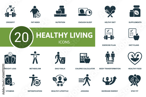 Healthy Lifestyle icon set. Collection contain weight loss, healthy diet, healthy food, calorie calculator and over icons. Healthy Lifestyle elements set