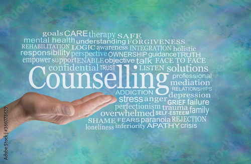 Counselling Word Cloud English spelling - male therapist with open palm and the word COUNSELLING floating above surrounded by a relevant word cloud on a blue green rustic background
